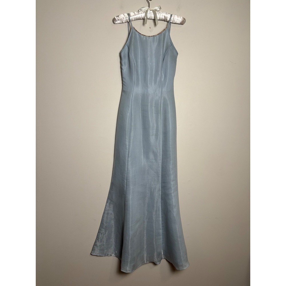 Jessica McClintock Gunne Sax VTG Y2K Blue Shimmer Gown 3/4 Rhinestone Slip Dress